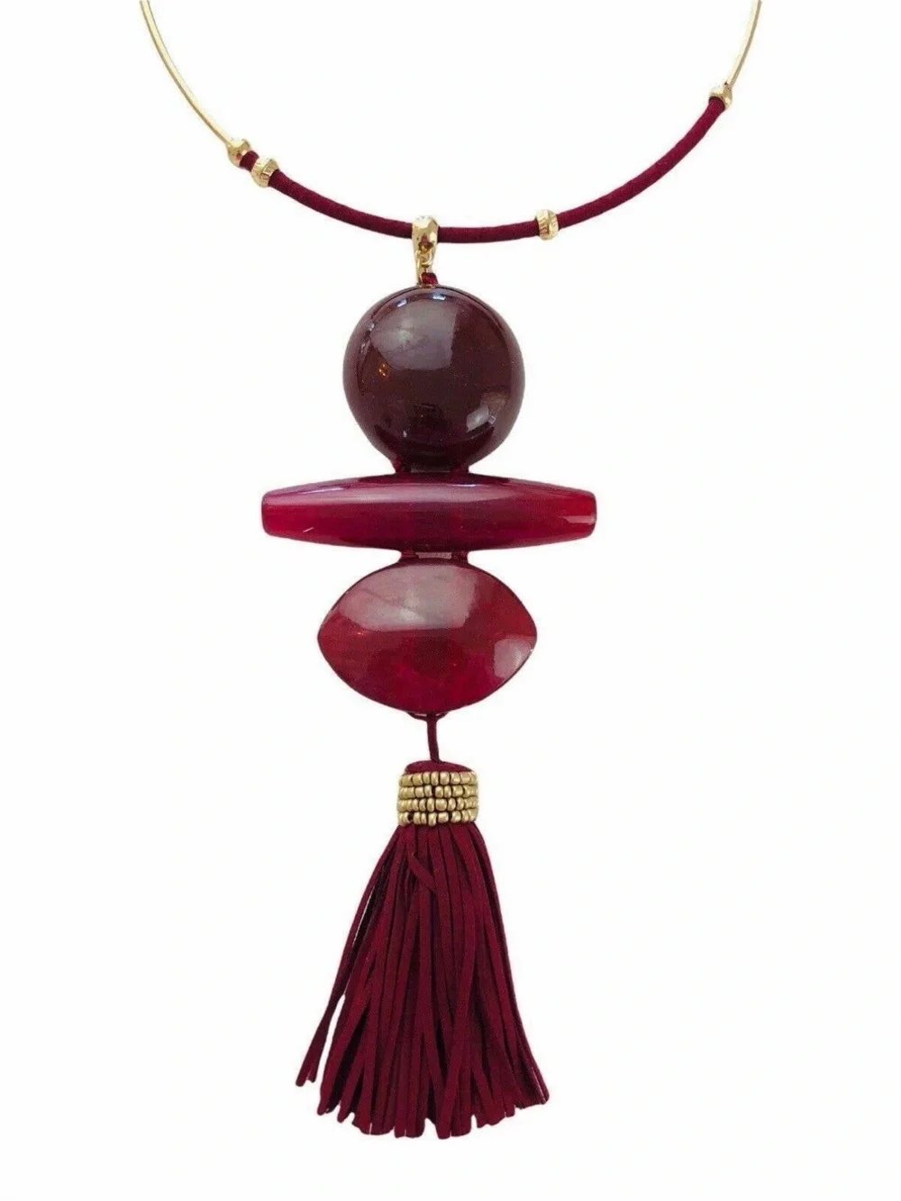 Gold and Burgundy Statement Tassel Necklace - Women Jewelry